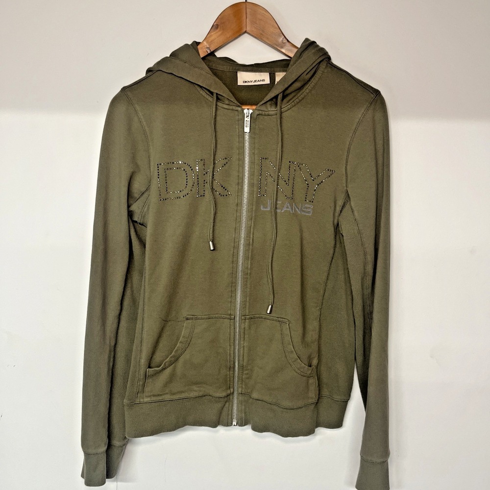 DKNY Jeans Womens Medium Olive Green Full Zip Hoodie Rhinestone Logo Y2K